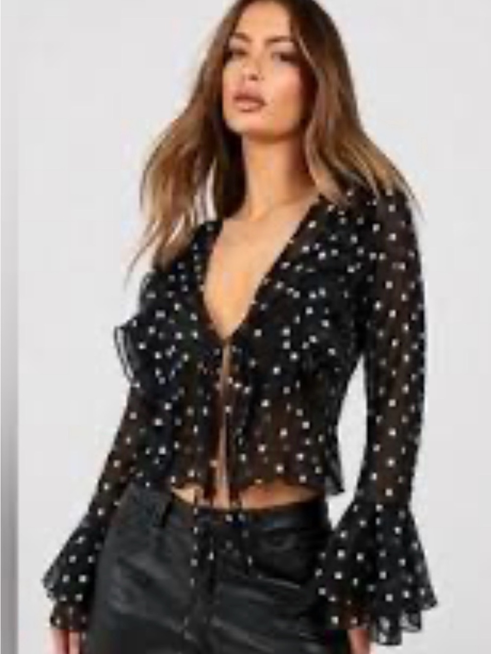 Black Polka Dot Ruffle Tie-Front Sheer Blouse - Women's Top